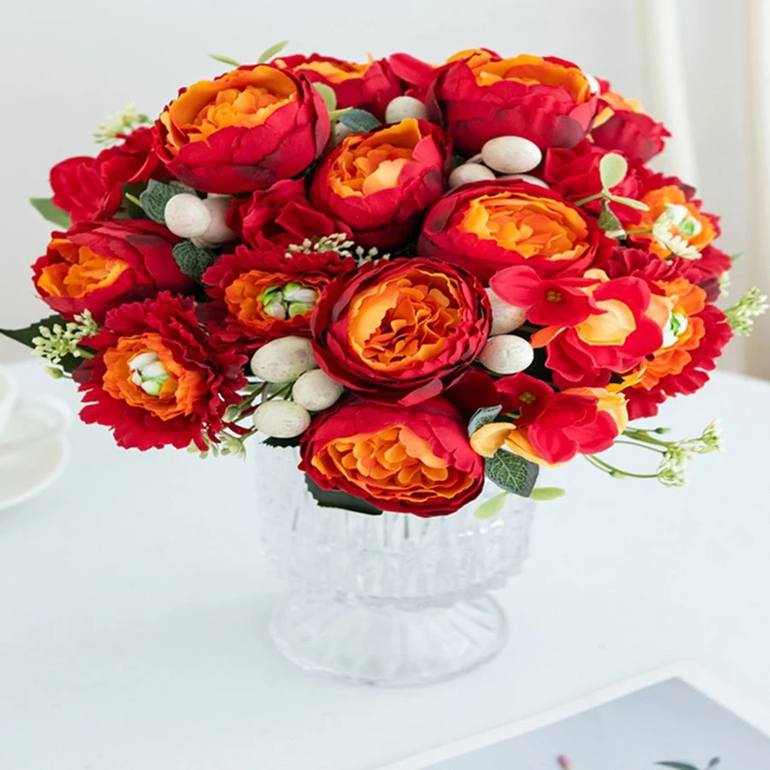 Artificial Flowers Venus Rose Bouquet Silk Rose Vase Home Decor Garden Wedding Decorative Fake Plants Festival Wreath Material