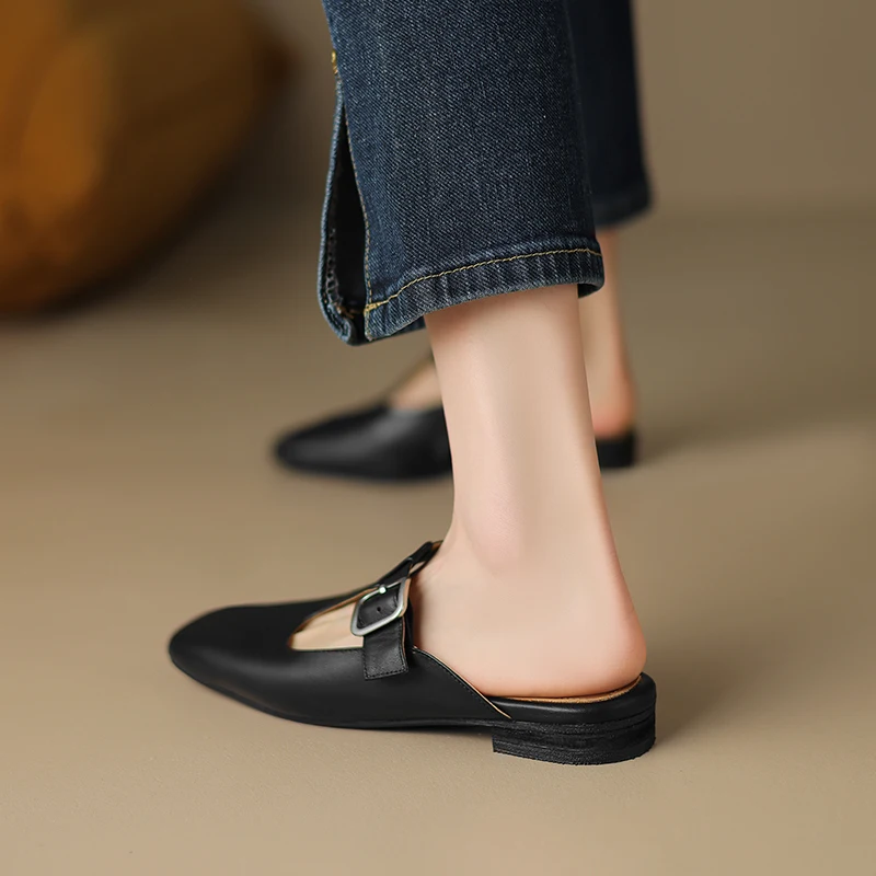 FEDONAS Concise Low Heels Women Slippers Square Toe Genuine Leather Mules Pumps 2024 Summer Casual Working Shoes Woman Sandals