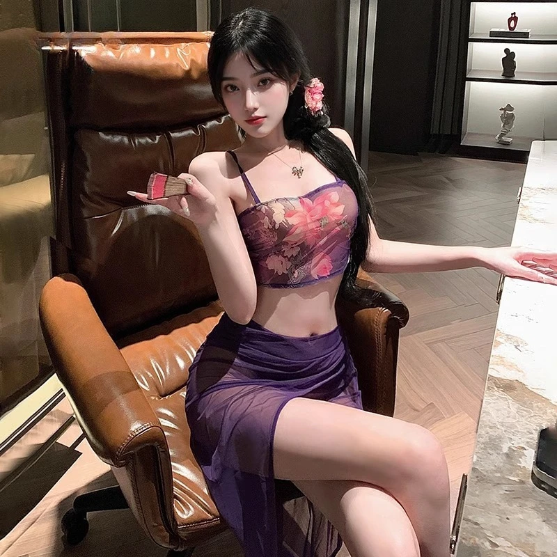 

Sexy Ancient Uniform Suspender Print Bellyband High Waist Slit Long Skirt Transparent Costumes Chinese Traditional Erotic Hanfu