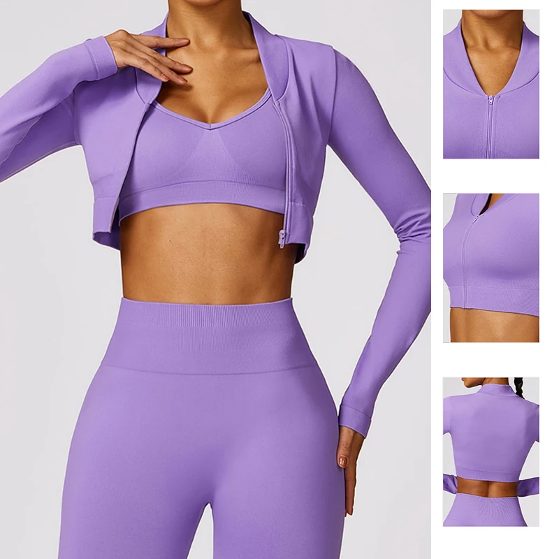 Seamless Long Sleeve Shirts Women Gym Crop top Quick-drying Yoga Clothing Sports Short Jacket Workout Running Sportswear Female