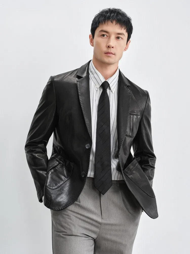 Autumn Business Casual Work Slim Fit Sheepskin Genuine Leather Jacket Fashion Blazer Single Breasted 100% Real Leather Suit Coat