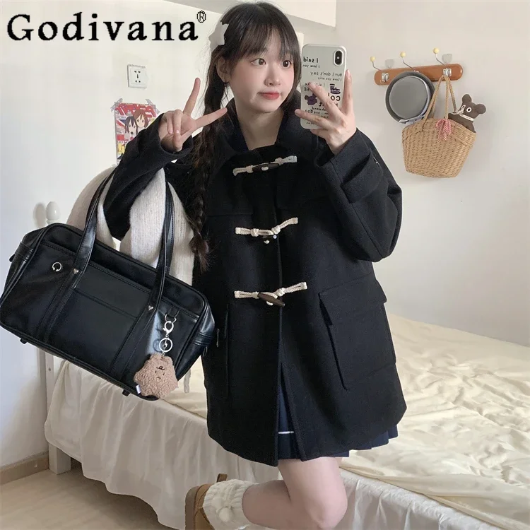 

Autumn Winter New Fashion JK Black Horn Button Hooded Coats Women Japanese Loose Mid-length Woolen Coat Jackets Student Y2k Coat