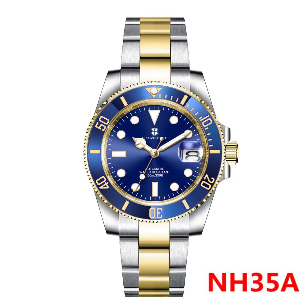 

40MM Corgeut NH35 Automatic Watch Two Tone Gold Sapphire Glass Ceramic Bezel Men Diver Watches Dress Male Clock reloj hombre