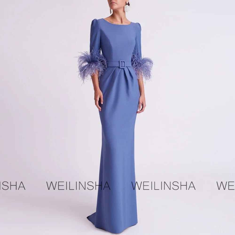 Customized Mother of the Bride Jersey Sheath/Column Evening Dress Blue O-Neck Pleat Belt Feather Prom Dress Long Wedding Dresses image 4