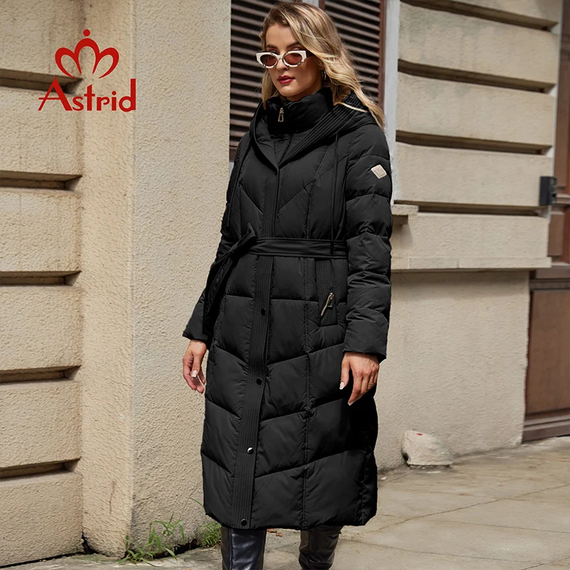 Astrid Winter Women Parka Hooded Belt Thick Warm Cotton Fashion Outerwear Long Down Jacket Quilted Coat Odzież Damska ZR-30216