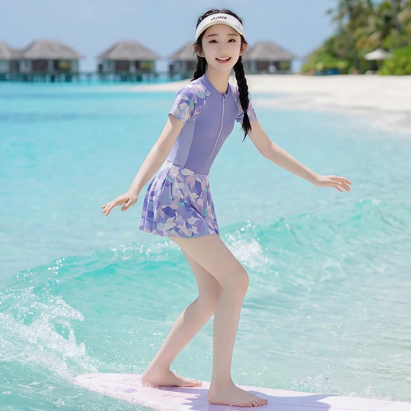 Baju Renang Satu Potong untuk Anak Perempuan dengan Rok Lengan Pendek Musim Panas, Gaun Renang Beritsleting, Pakaian Olahraga, Baju Mandi, Pakaian Renang untuk Anak-anak