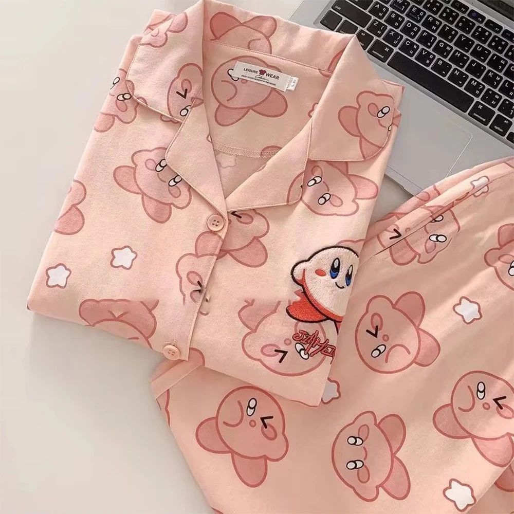 2Pcs Cartoon Cute Star Kirby Pajamas Set Sleepwear Female Spring Autumn Long Sleeve Long Pants Fashion Loose Dormitory Homewear