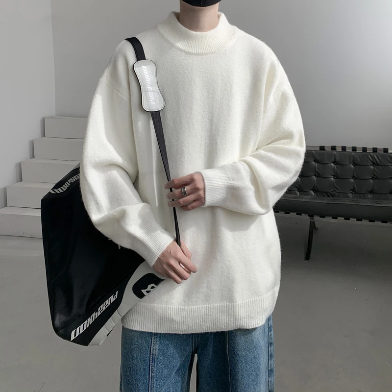 

Мужской свободный вязаный свитер с высоким воротником в американском ретро-стиле, весенне-осенний, простой, универсальный, шерстяной, базовый