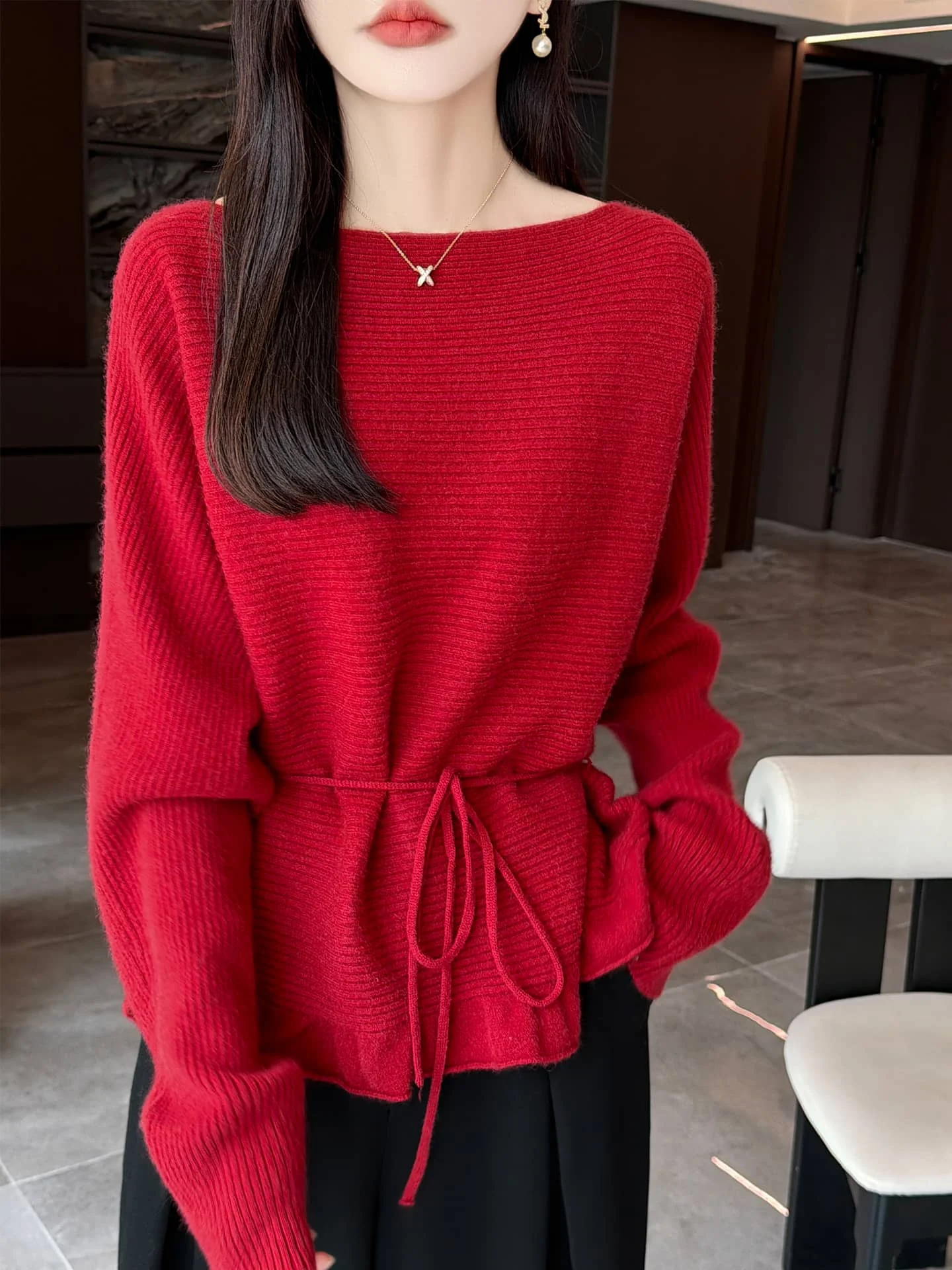 Women 100%Merino Wool Sweater Boat Neck Batwing Long Sleeve Drawstring Waist Ruffled Hem Soft Warm AutumnWinter Elegant Knitwear