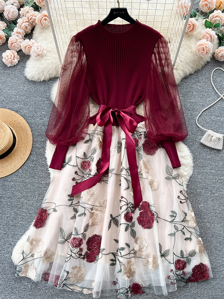 Women's Christmas Red A-line Floral Dress Vintage Long Sleeve Long Dresses Y2k Harajuku Elegant One Piece Frocks 2000s Clothes