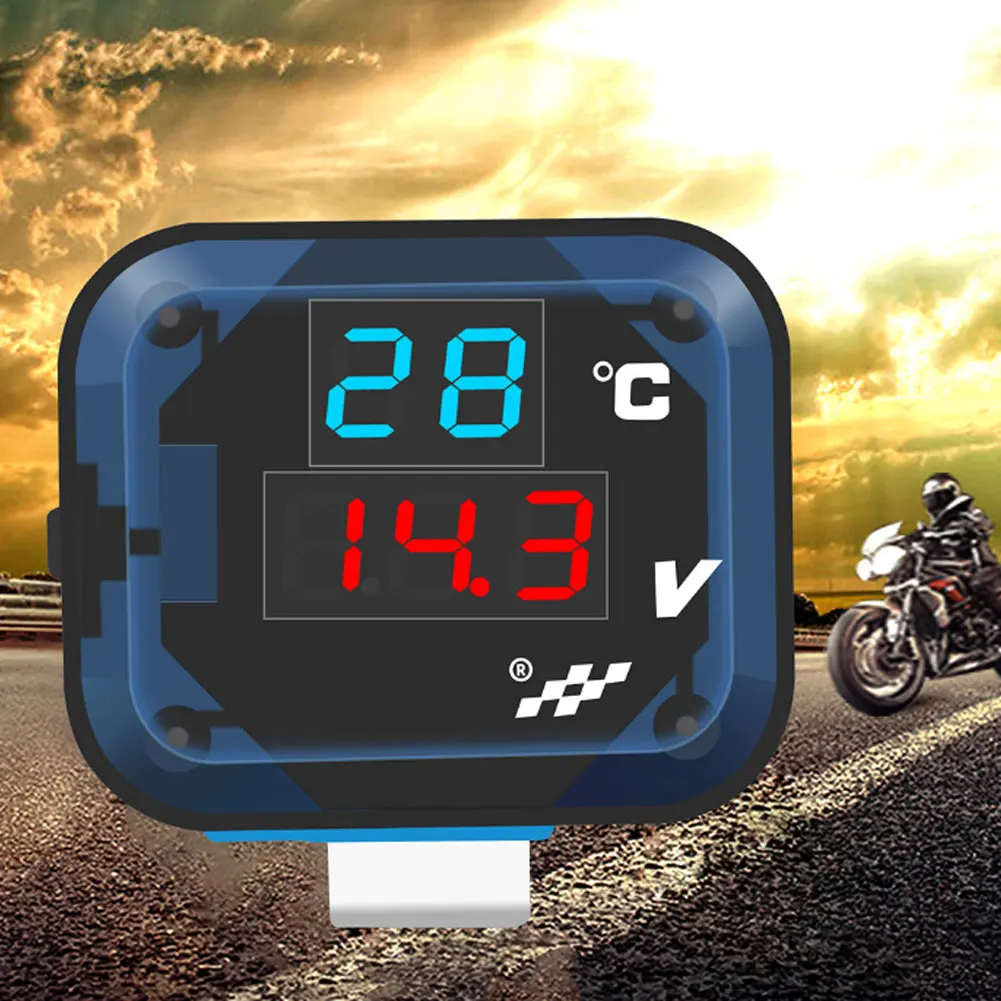 Motorcycle Digital Voltmeter Gauge 3-in-1 Battery Voltmeter Thermometer USB Charger 12-24V Temp Volt Tester Multimeter