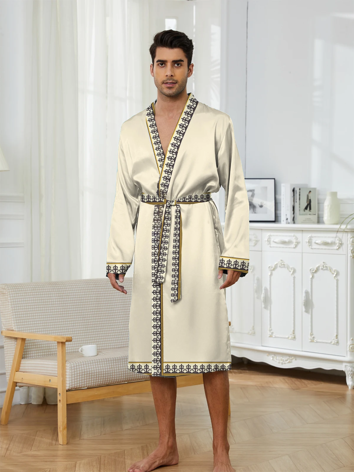 

Весенне-осенняя мужская длинная одежда для сна, модные мужские длинные халаты с цифровым принтом для комфорта повседневного использования. Быстросохнущий