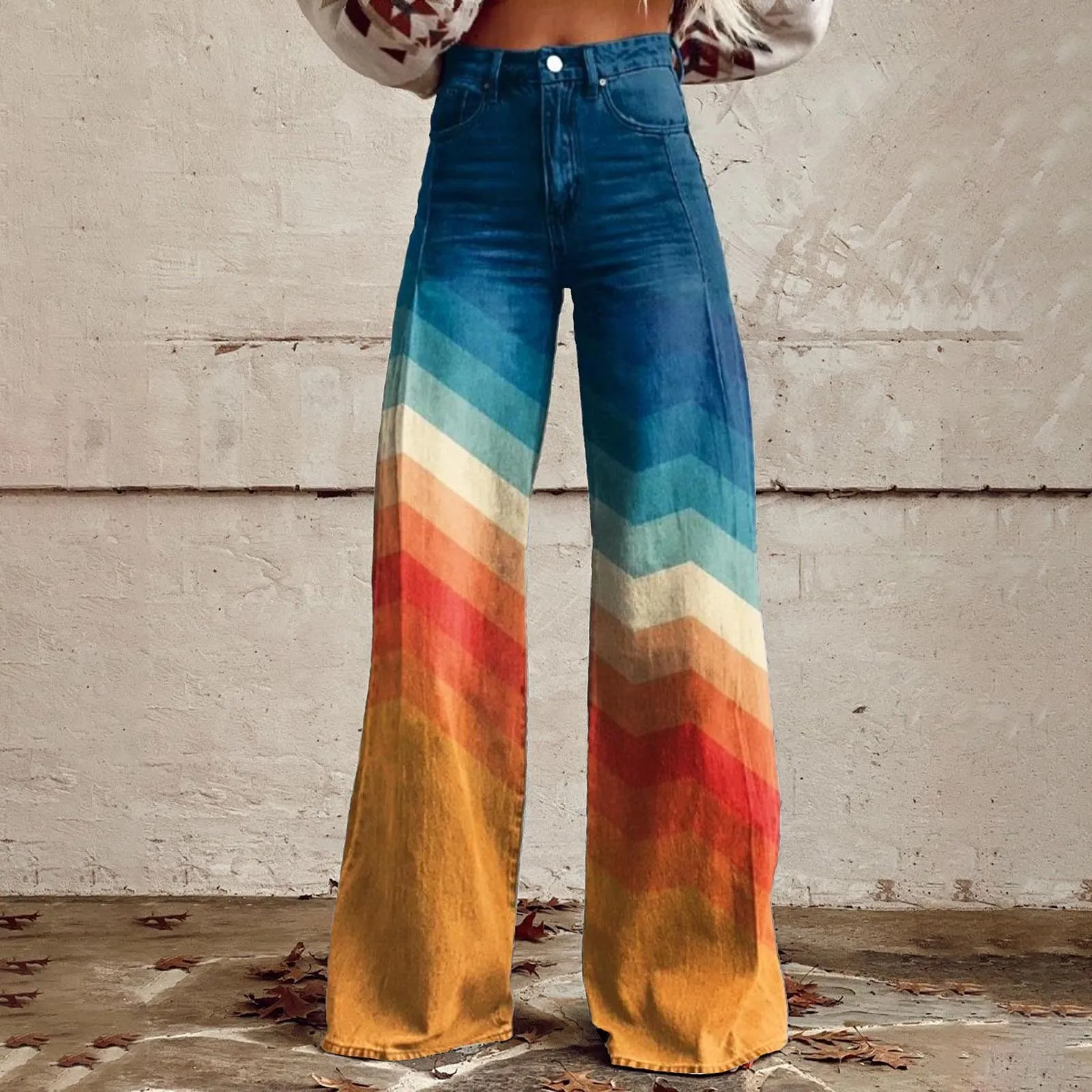 Vintage Gradient Faux Denim Pants Womens Wide Leg New Fashion High Waist Casual Retro Punk Women Faux Denim Trousers Jeans