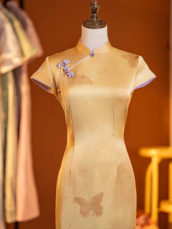 

Yellow Young Sle Improved Chinoiserie Qipao Dr Retro Wind Midi Qipao Dr Breathable ort Sve mid Length Skirt