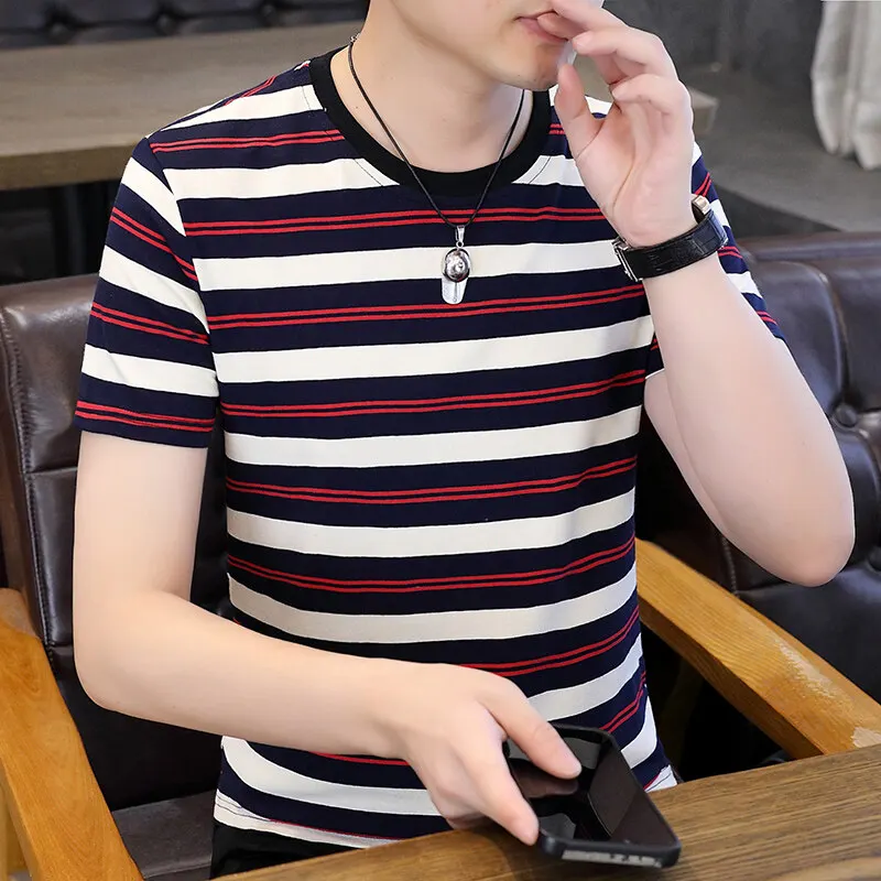 

Slim Fit M to 4XL T Shirt Man Short Sleeve Striped Print O-Neck Summer High Quality Cotton Soft Comfortable Tees Camiseta Hombre