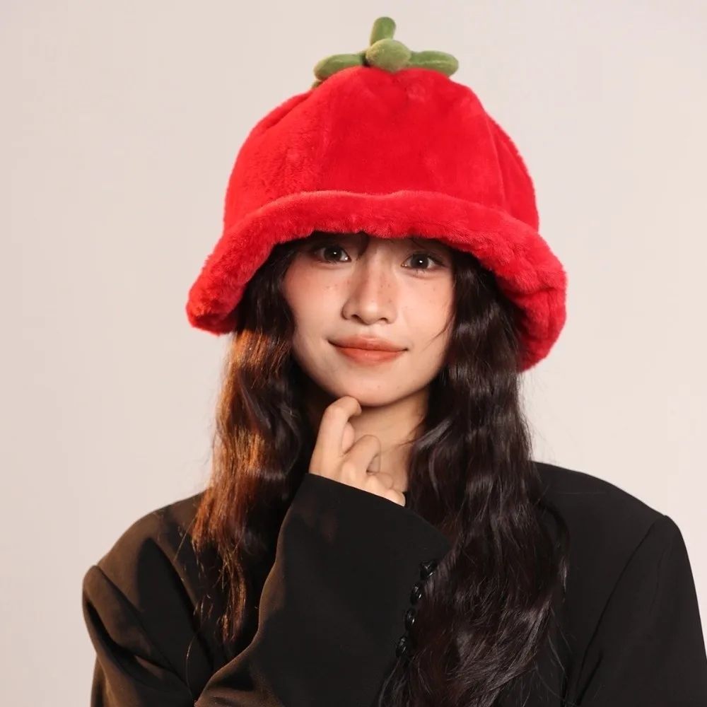 

Fashion Tomato Winter Fisherman Hat Fluffy Keep Warm Plush Bucket Hat Ear Protection Hat Thickened Beanie Hat Streetwear