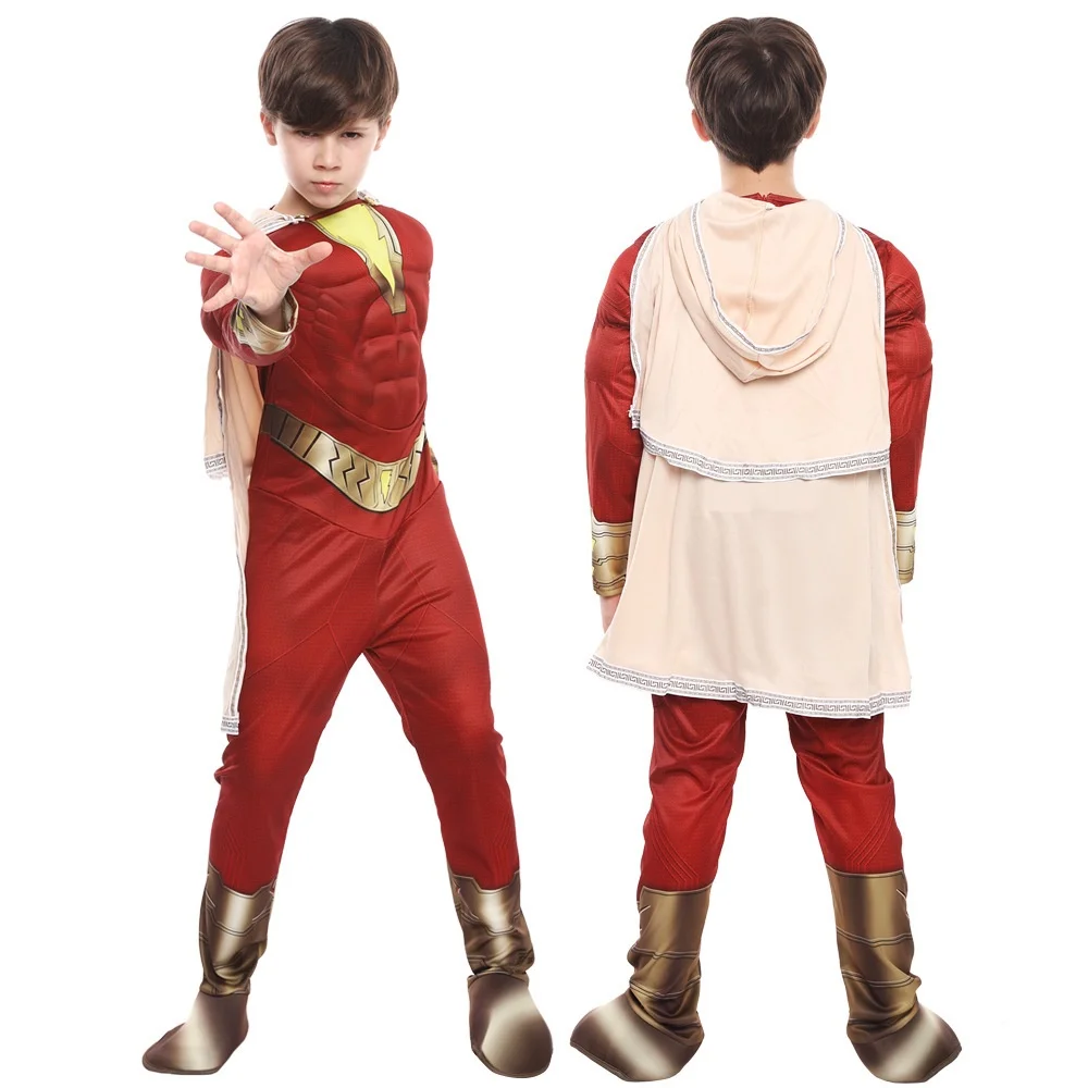 Shazam Costume for Kids Boy Muscle Captain Cosplay Billy Batson Jumpsuit Halloween Carnival Party Performance Costume