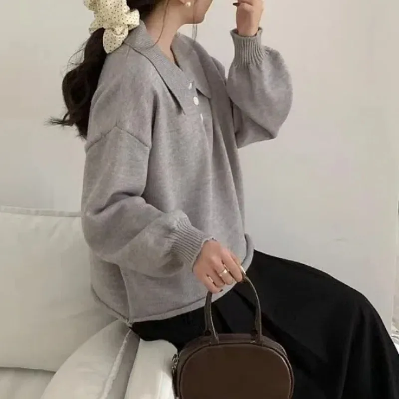 

Office Lady Solid Color Button Long Sleeve Sweater Knitted Pullover Women's Casual Autumn Winter Turn-down Collar Korean Tops