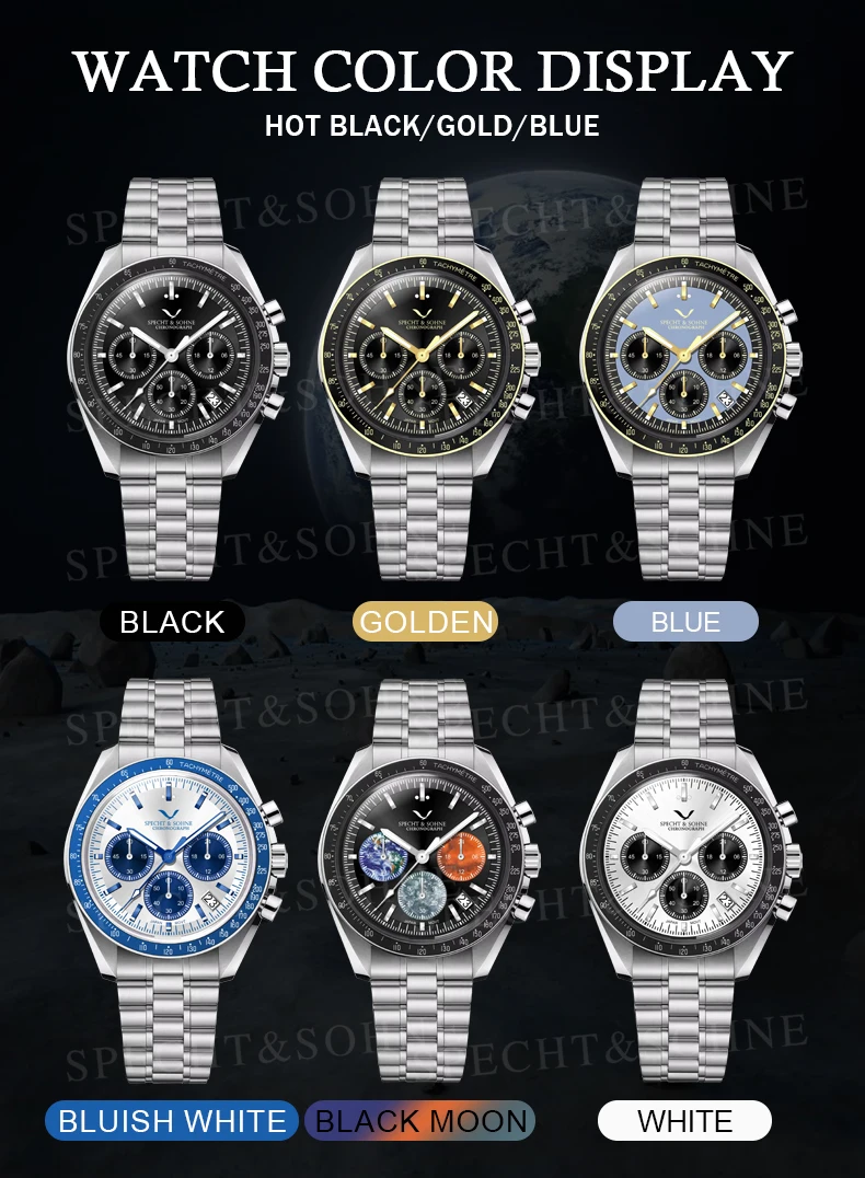 Specht&Sohne New Fashion Explore Planet Moon Watch Earth Mars Watches Japan VK63 Chronograph Quartz Wristwatch 50M Waterproof