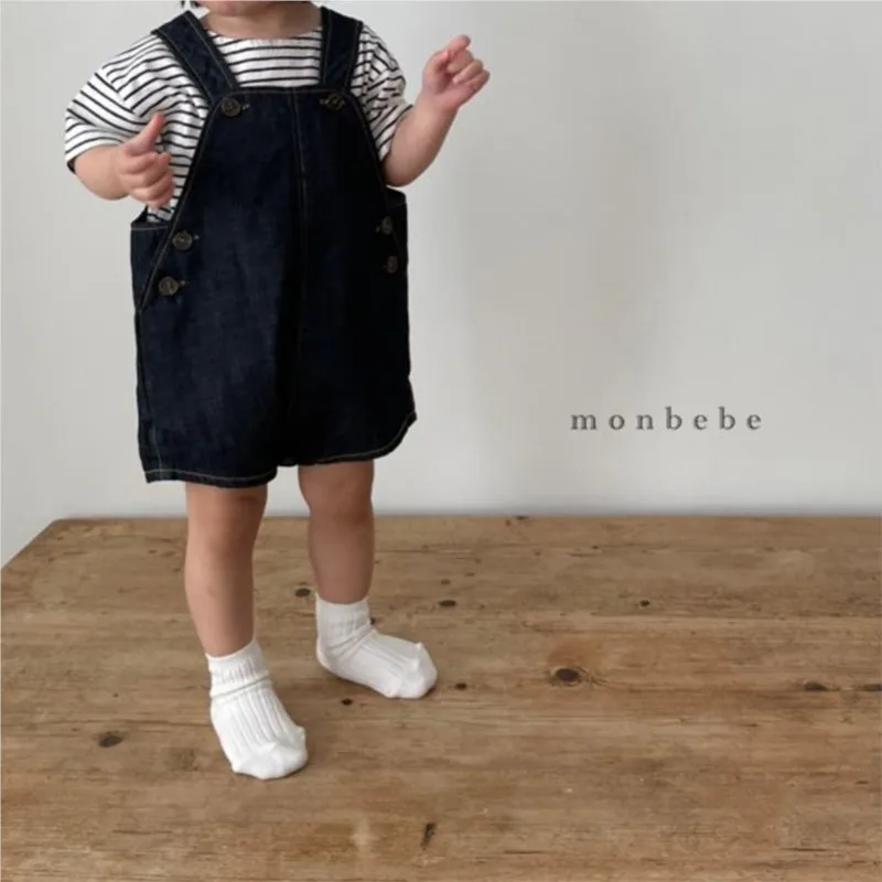 Korean 2024 Summer Fashion Baby Girl Clothes Denim Solid Suspender Trousers Striped Cotton T-shirt Infant Girl Overalls Outfits