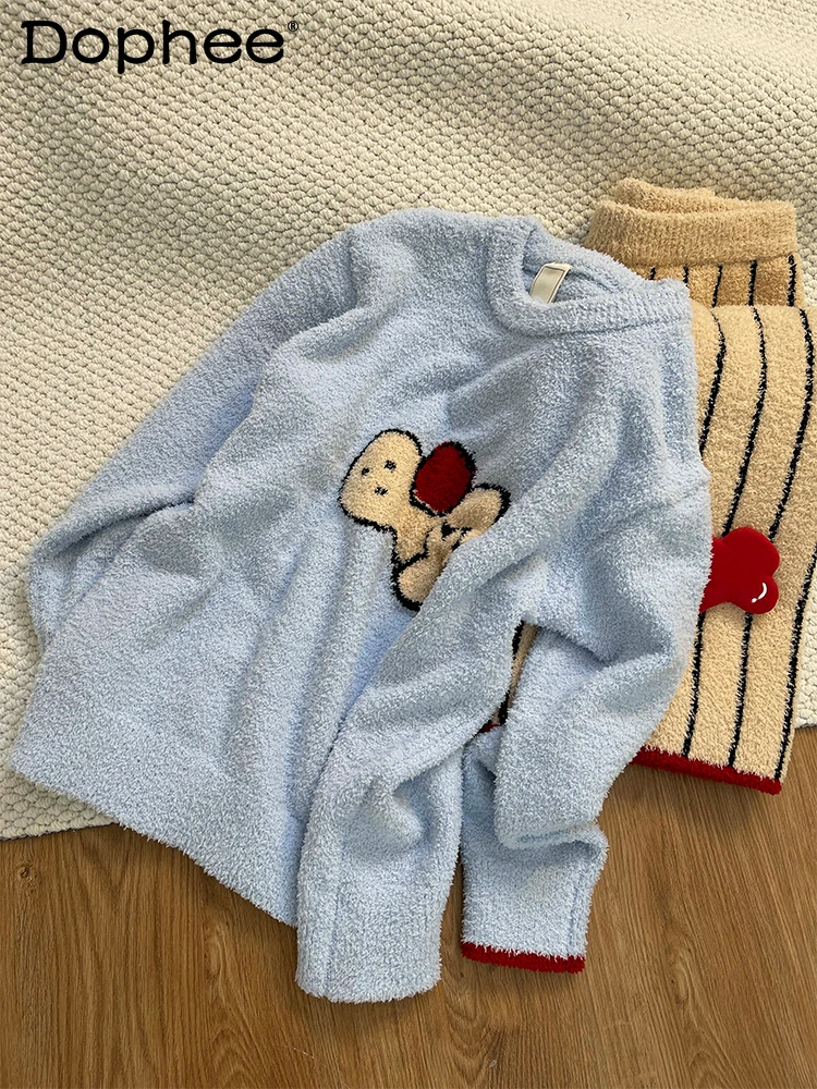 

Sweet Cute Girl Ins Cartoon Plush Round Neck Pajamas for Women Autumn Fleece-Lined Soft Comfortable Casual Thickened Homewear