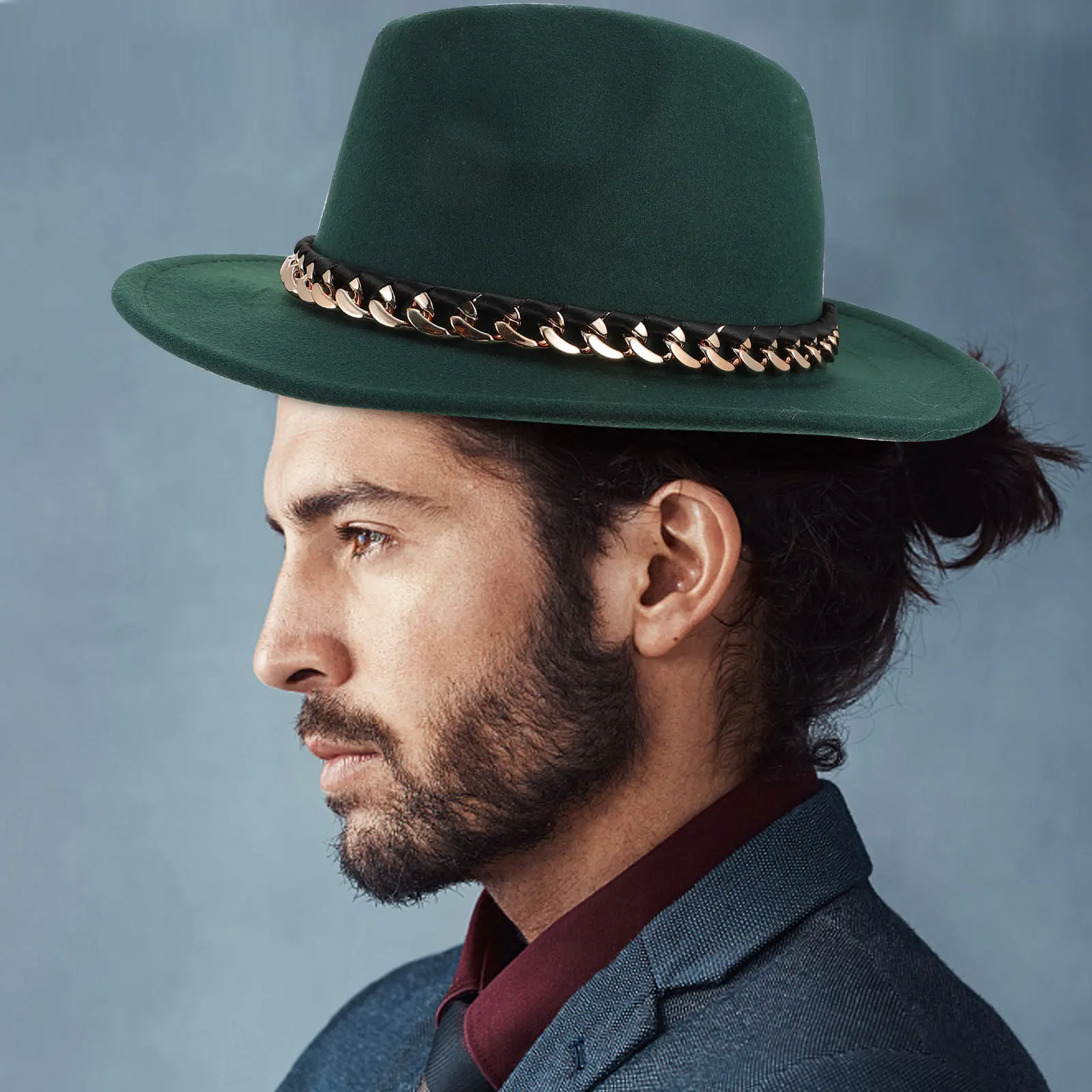 

1pc Flat Brim Wool Chain Fedora Jazz Hat For Men Women Wedding Party Masquerade Cocktail Tea Event British Style Felt Hat