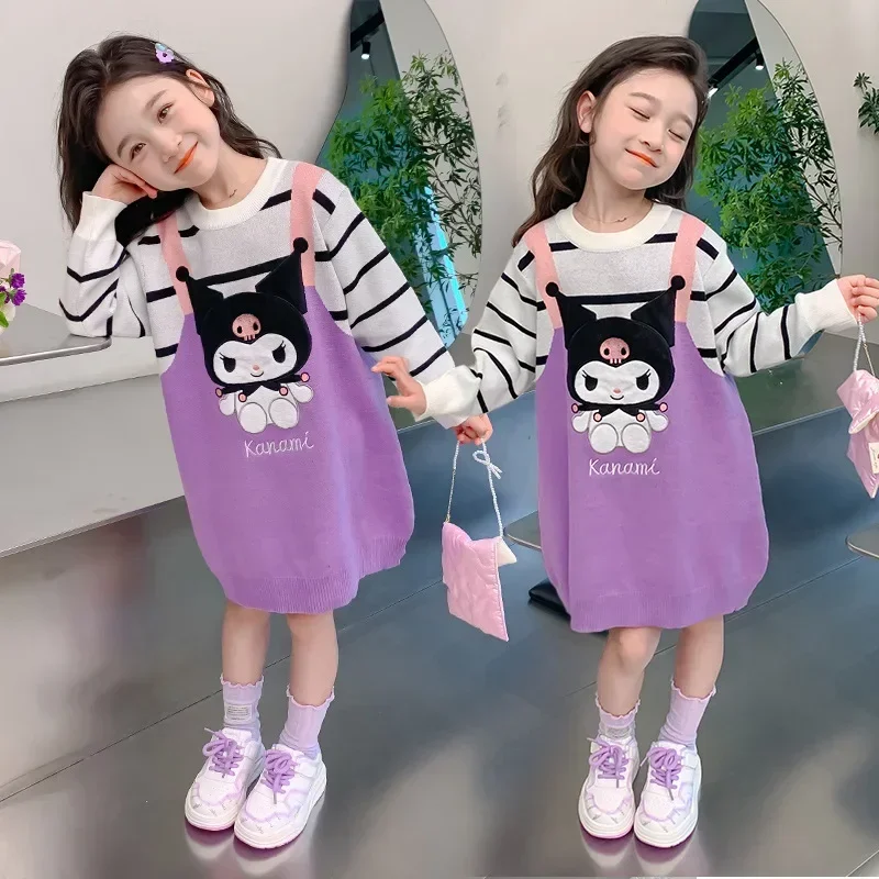 

New Sanrio Anime Kuromi Straight Dresses Cartoon Long Sleeve Spring Autumn Children Medium Long Sweater Fake Two Woolen Dresses