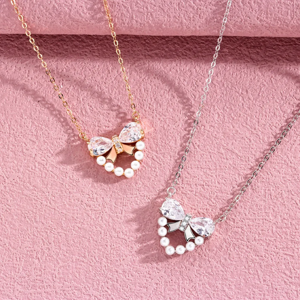 

Korean S925 Silver Heart Necklace - Bow Pearl, Unique Luxury Ins Collar