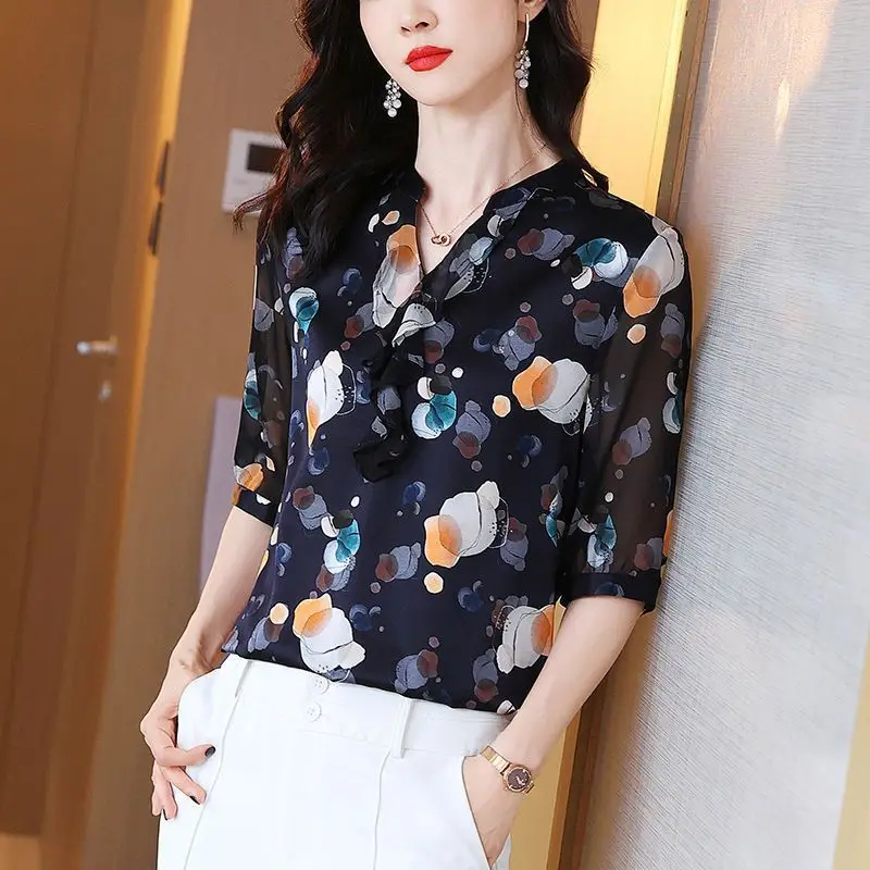 

Office Lady Fashion Printed Shirt Spring Summer Elegant V-Neck Ruffles Spliced Vintage Half Sleeve Female Loose Chiffon Blouse