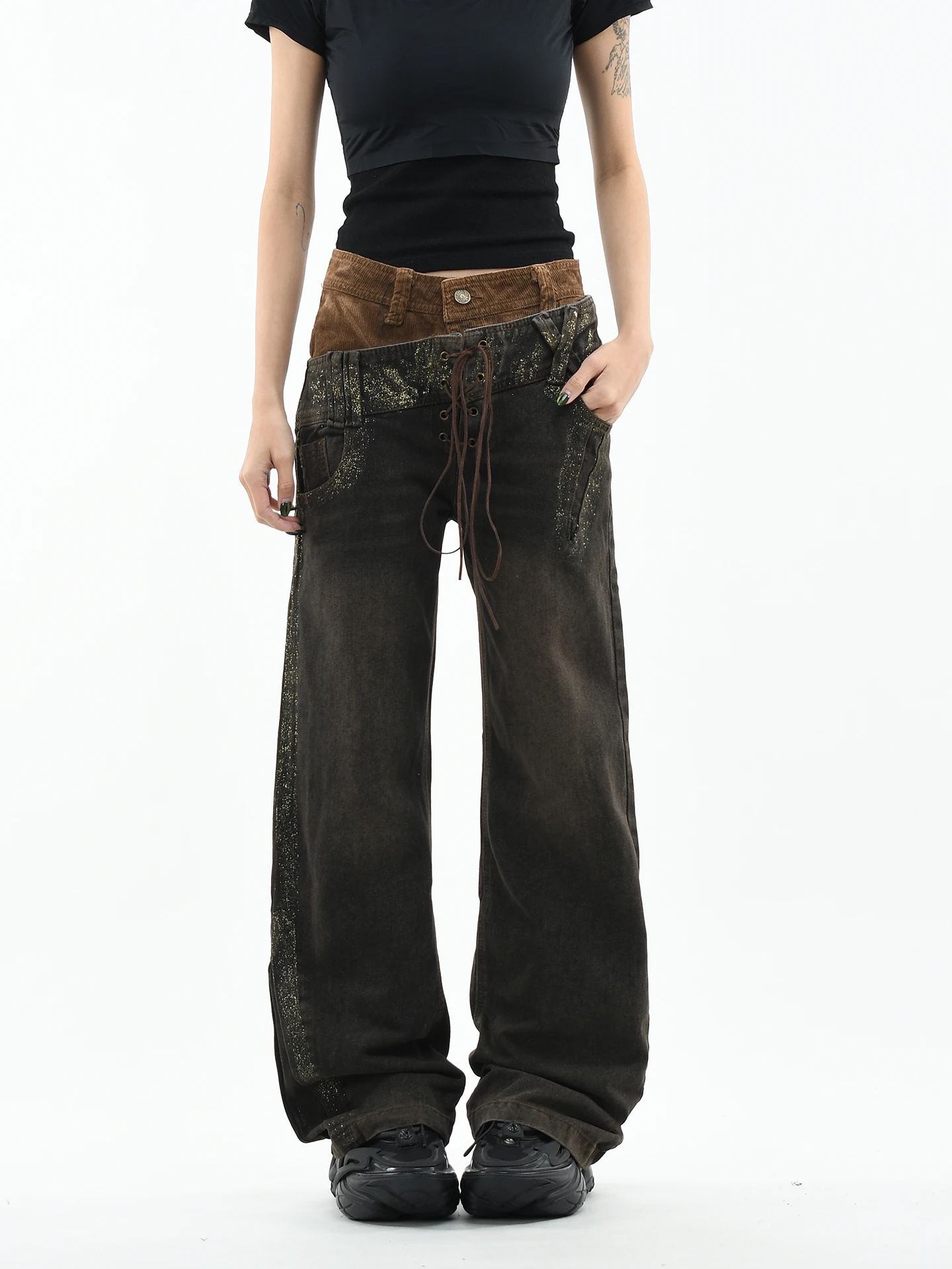 

Джинсы OV Original American Subculture Distred Denim для женщин, с узлами, прямого кроя, длинные, с низкой посадкой, из хлопка