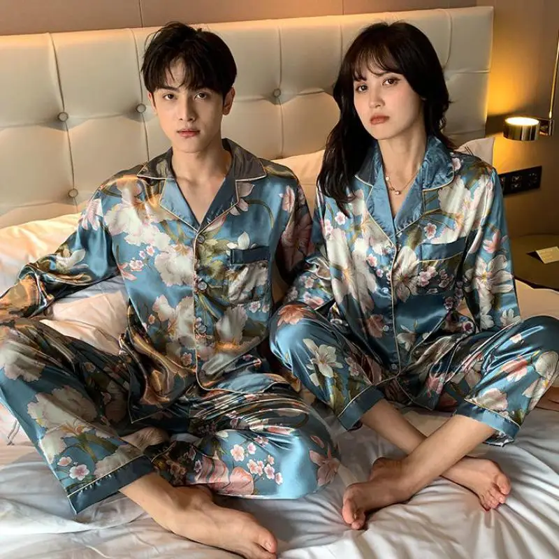 Pijama de satén con estampado de flores para mujer, traje de 2 piezas de manga larga, ropa íntima para el hogar, lencería informal para dormir, novedad de primavera