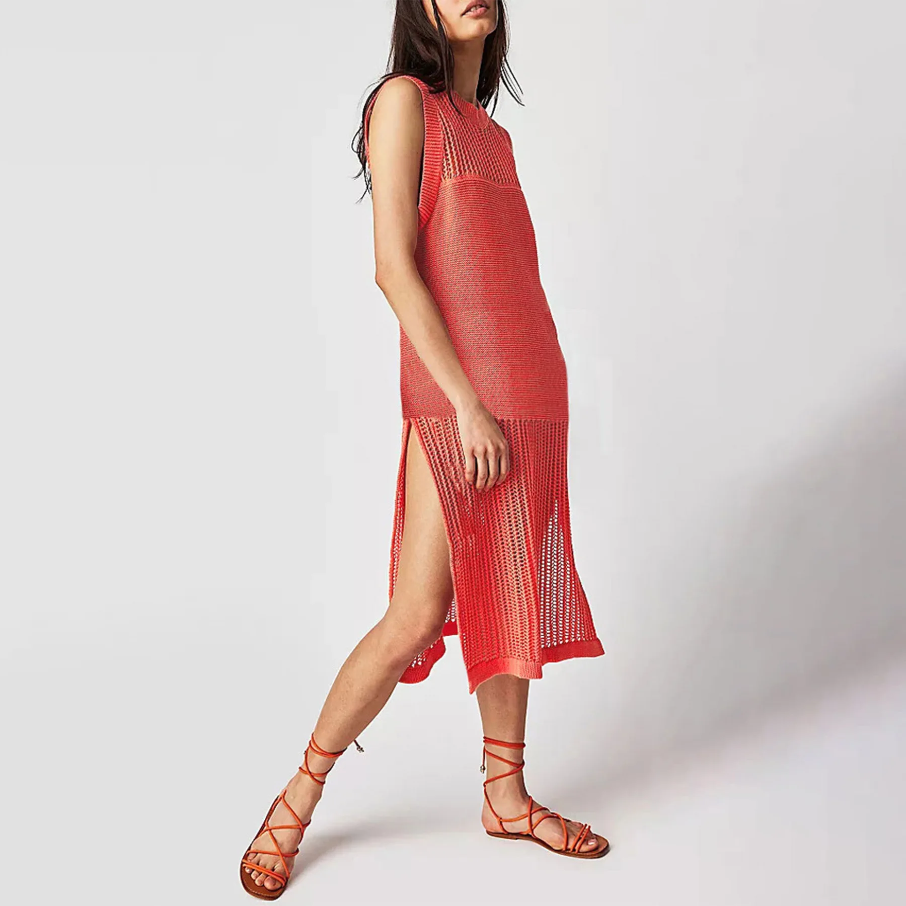 Damska sukienka w jednolitym kolorze bez rękawów Street Hollow Out, spódnica z dzianiny, lato 2025