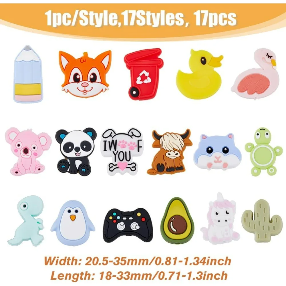 17 Styles Cute Silicone Beads Focal Beads Colorful Animal Charm Mixed Style Loose Spacer Bead for Keychain Making Bracelet