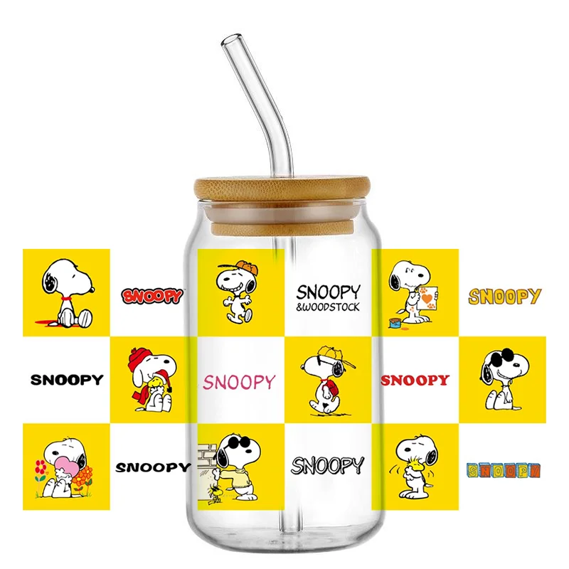 Miniso Cartoon Snoopy 16OZ UV DTF Cup Wraps Transfer Waterproof wall stickers For Glass Libbey Can Bottle Selfadhesive