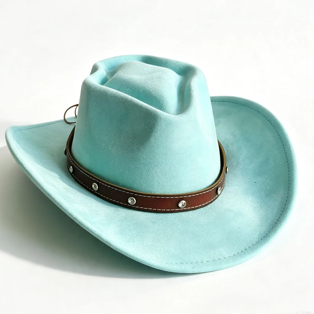 arrow crown Teal Faux Suede Cowboy Hat with faux Leather Band Roll-up Brim Bound Edge Cowgirl Hat Cattleman Unisex knight hat