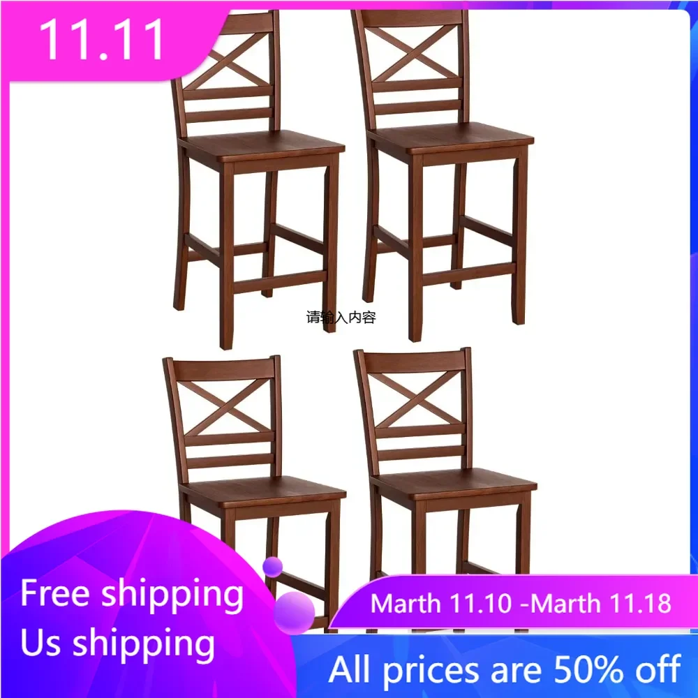 

4 sets of bar stools, 25 inch antique kitchen countertop high chairs with wooden X-shaped backrests and rubber wooden legs,