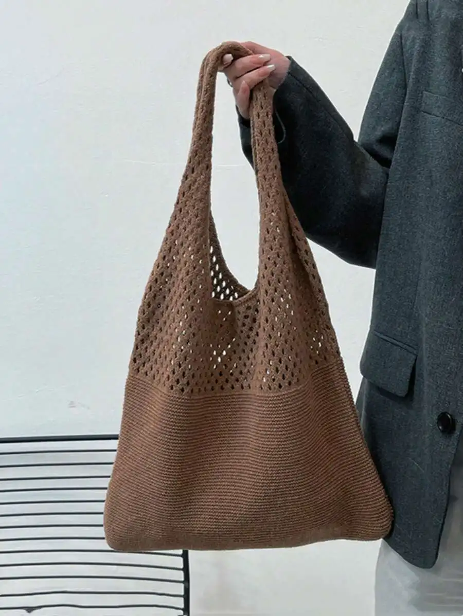 

Crocheted Knit Large Capacity Shoulder Tote Bag For Women Casual Daily Travel Beach Summer