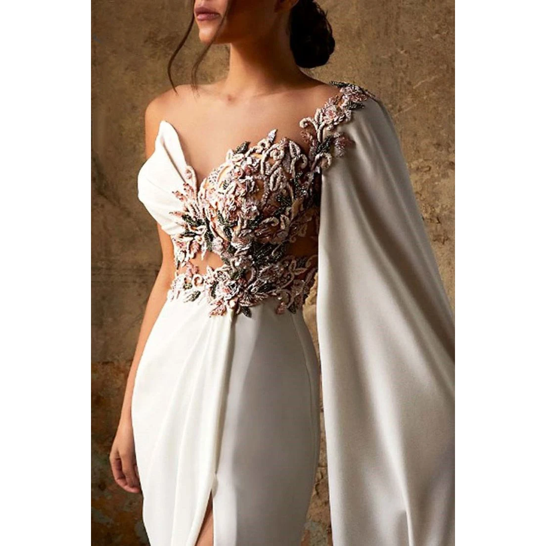 KSDN Exquisite Women White Evening Dress One-Shoulder Appliques Beaded Floor Length Split Formal Occasion Prom Gown Tailor-made