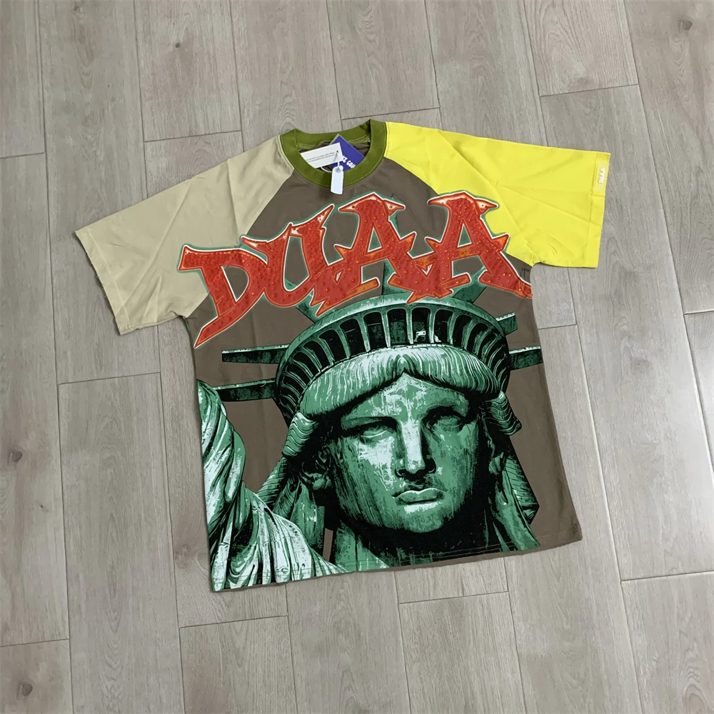 Brown Washed Duaa Statue Of Liberty Print Patchwork T-Shirts Men Women High Quality Tee T Shirt