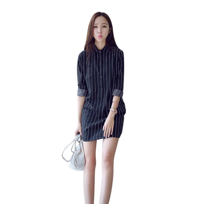 Women's Long Sleeve Vertical Striped Dress Fashion Slim Shirt Dresses