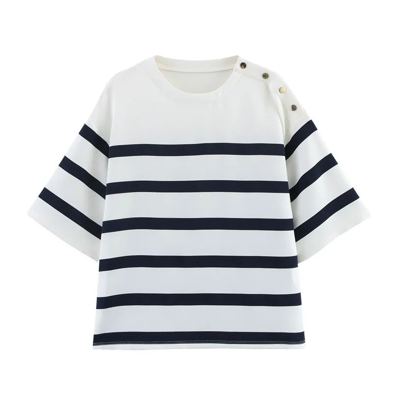 2025 New Striped Round Neck Short Sleeve Shirt Button Shoulder Decor Shorts Two Piece Set Women Casual Fashion Striped Outfit