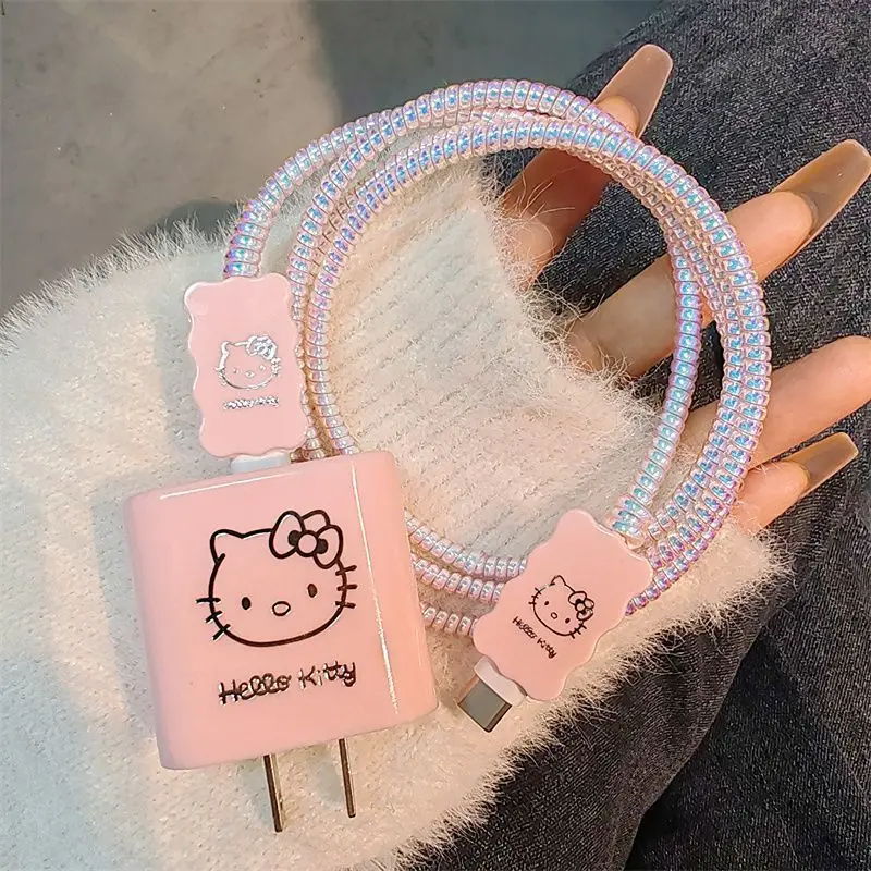 DIY Sanrio Pink Hello Kitty Charger Data Cable Protection Cover and Winding Kit Suitable for Apple 18W 20W Charger Adapter