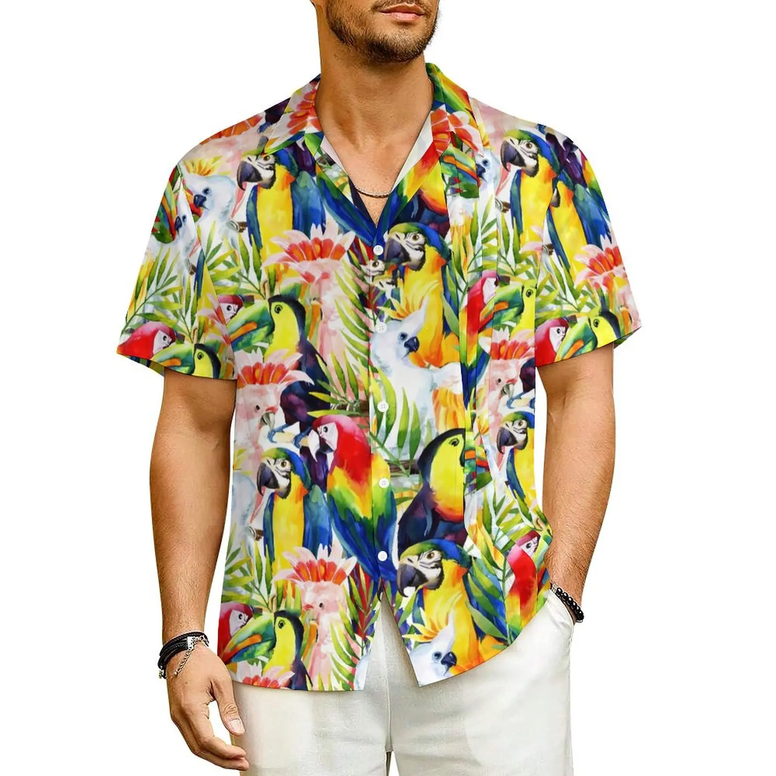 

Tropical Birds Beach Shirt Parrots And Palm Leaves Hawaiian Casual Shirts Man Novelty Blouses Short Sleeves Harajuku Clothing