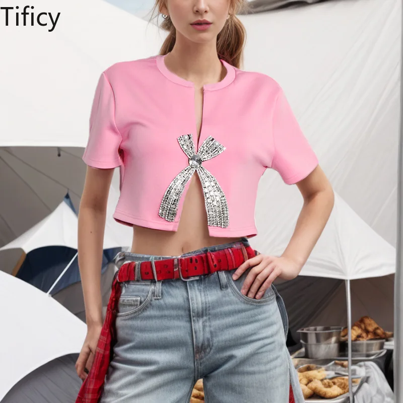 TIFICY 2024 Summer New Diamond Sequin Bow Design Short sleeved T-shirt Women's Unique Design Short Top