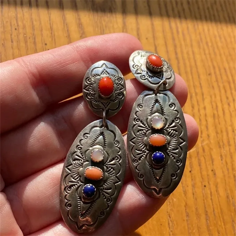 Retro Oval Alloy Appearance Inlaid with Colorful Gemstones Women's Earrings Carved with Irregular Patterns Ethnic Style Jewelry