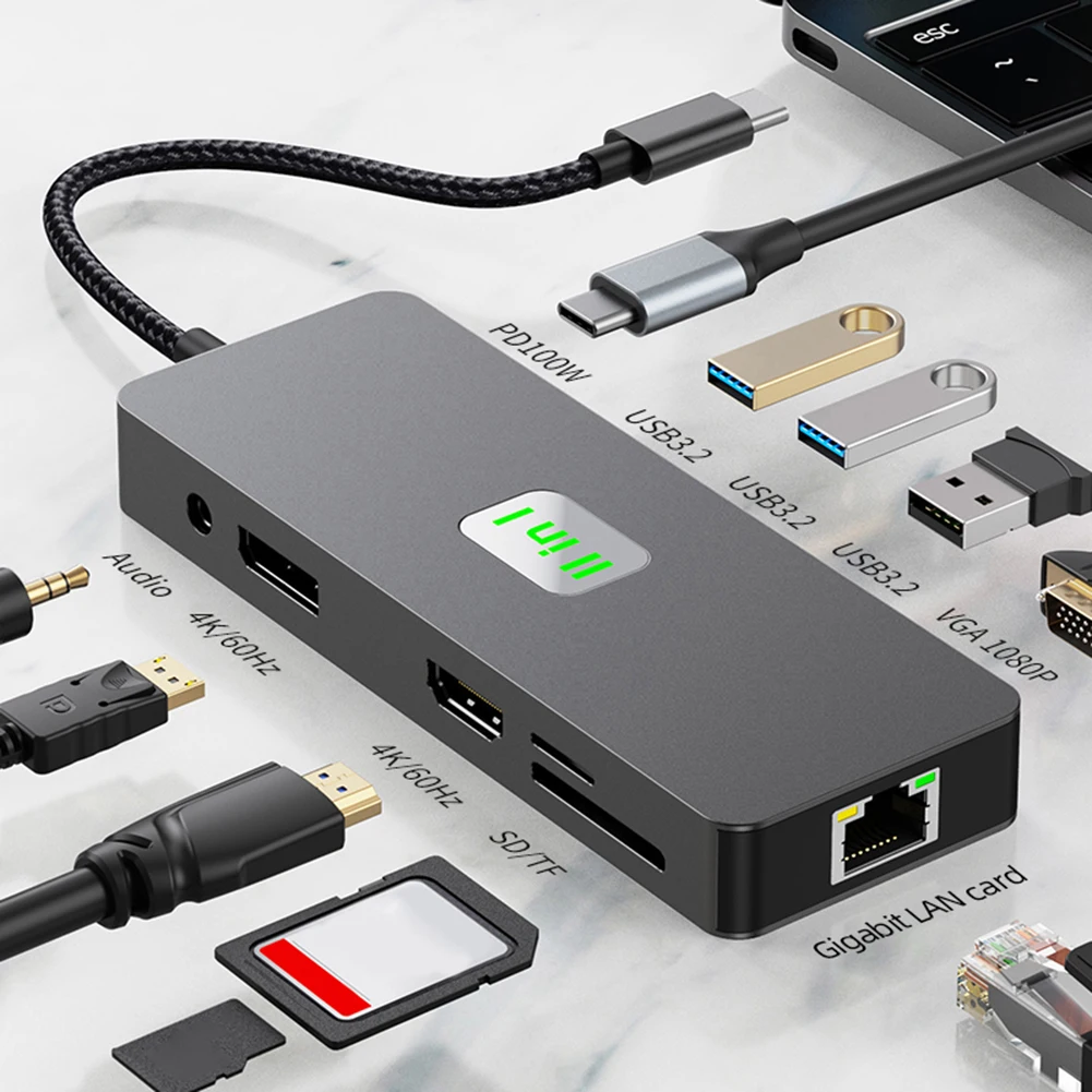 Station d'accueil pour ordinateur portable multi-ports, 7, 11/12 en 1, HUB USB C, 4K, 30Hz, Type C vers HDMI, Compatible USB 3.0, Adaptateur pour MacPlePro Air