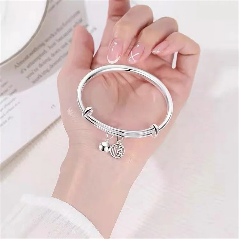 999 Sterling Silver Push Pull Adjustable Bangle for Women Smooth Polished Tube with Fu Character Round Tag & Bell Charm Vintage