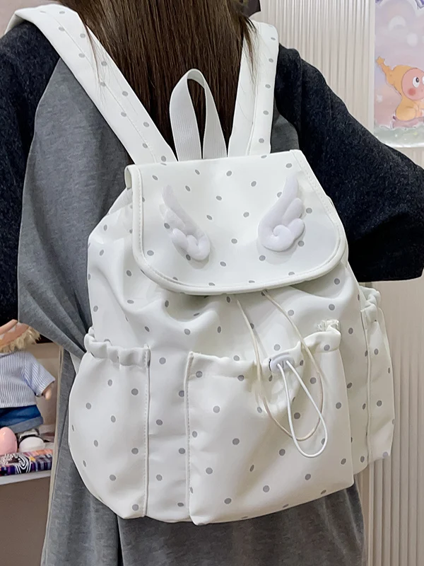 Polka Dot Wings Backpack Small Size School Bag for Junior High Girls Cute Ins Style Travel College Campus Fashion Shoulder Bag