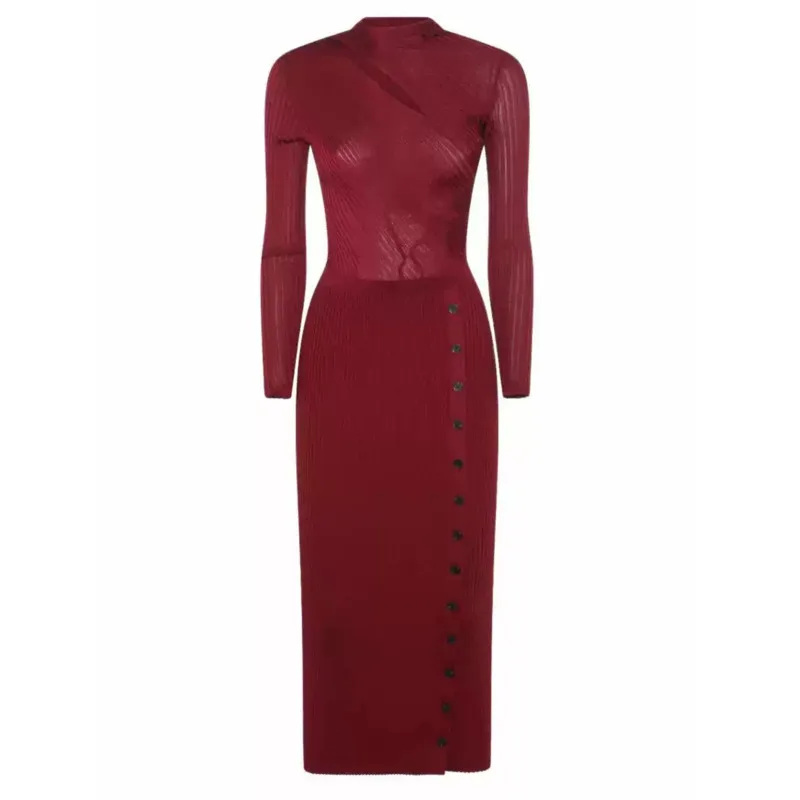 2025 ฤดูใบไม้ร่วงสไตล์ฝรั่งเศสชุดถัก-ไวน์แดงRibbed Cut-Out,คอกลมแขนยาวElegant Midi Dress,Viscose Blend