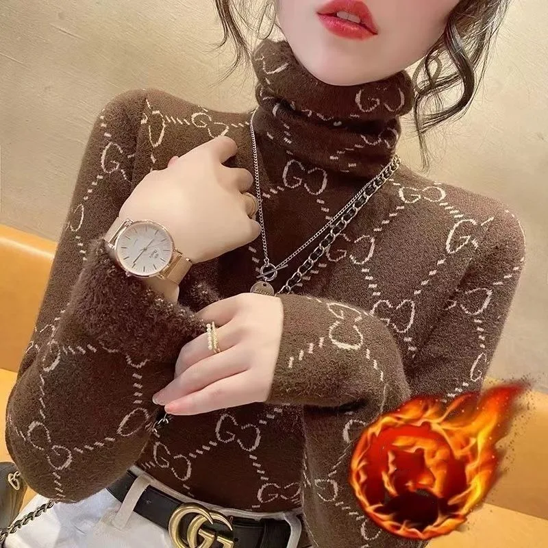 여성용 하이넥 프린트 스트라이프 스웨터, 니트 긴팔 슬림, 오피스 레이디 상의, 여성 의류, 가을 및 겨울, 신상